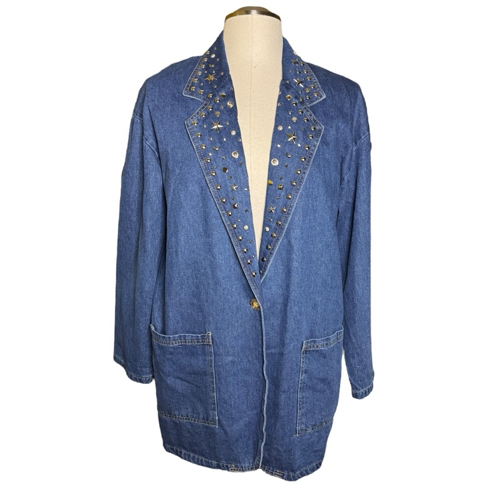 Green Field Studded Denim 90s Vintage Celestial Jacket - Picture 12 of 14
